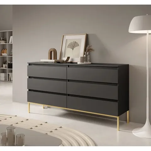 BOXED ABRAH 150CM 6-DRAWER DRESSER IN BLACK WITH GOLD LEGS