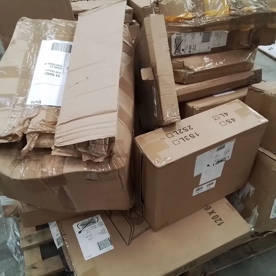 PALLET CONTAINING VARIOUS ASSORTED BOXED HOUSEHOLD RETURNS/ELECTRICAL/GARDEN ITEMS TO INCLUDE: CORDLESS DRILL,  MEAT GRINDER, STORAGE BOXES, PICNIC SET ETC. 
