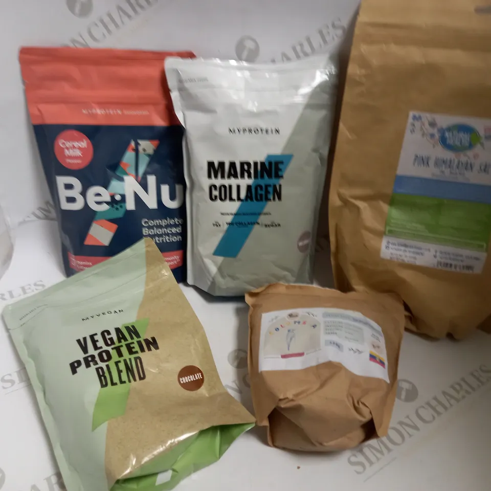 BOX OF APPROX 10 ITEMS TO INCLUDE MYPROTEIN MARINE COLLAGEN, PINK HIMALAYAN SALT AND VEGAN PROTEIN BLEND