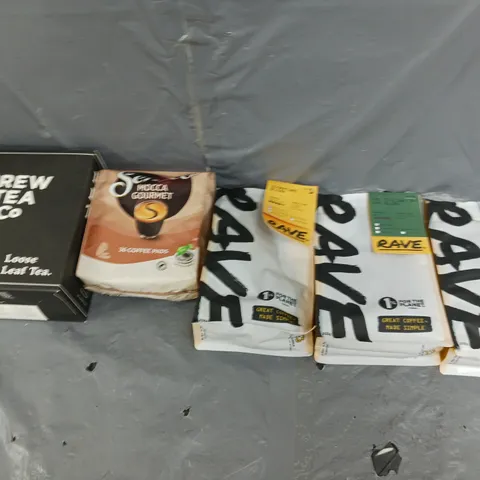 TOTE OF APPROX 5 ASSORTED FOOD ITEMS TO INCLUDE - BREW TEA EARL GREY, SENSEO MOCCA GOURMET, AND RAVE SIGNATURE BLEND ETC.
