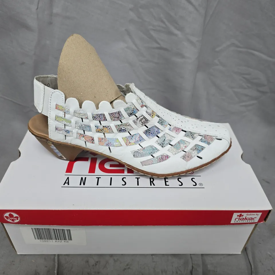 RIEKER ANTISTRESS WHITE LEATHER SANDAL – WOMEN'S SLIP-ON, MOSAIC CUT-OUTS SIZE 39