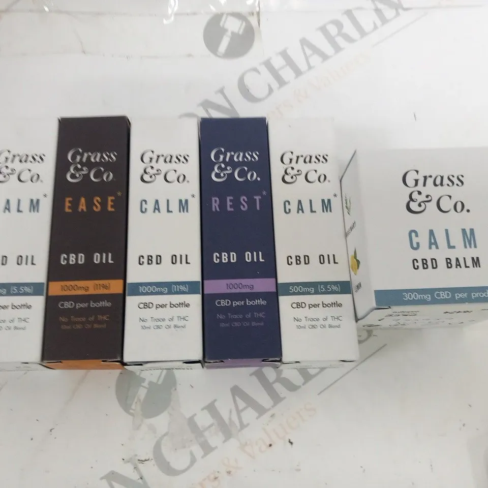 APPROXIMATELY 6 ASSORTED GRASS AND CO CBD PRODUCTS TO INCLUDE; CALM OIL, EASE OIL, REST OIL AND CALM BALM