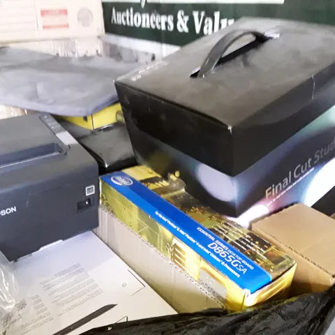 PALLET CONTAINING ASSORTED ELECTRICAL PRODUCTS INCLUDING RECEIPT PRINTER, FINAL CUT STUDIO, PHONE CASES, PORTABLE OVERHEAD PROJECTOR, DISPLAY PORT ADAPTERS  