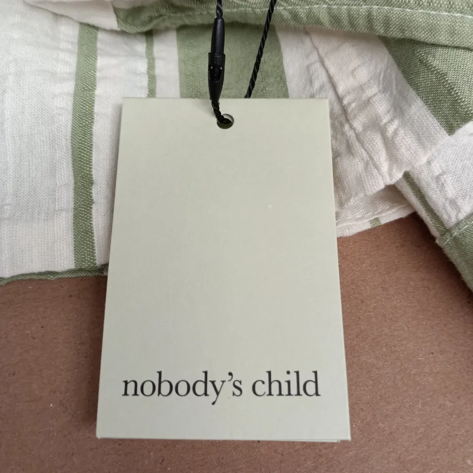 NOBODY'S CHILD CEDAR MIDI DRESS – STRIPED WHITE WITH GREEN & BLUE VERTICAL STRIPES, UK 12