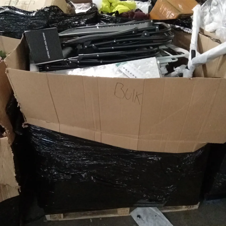 PALLET OF ASSORTED HOUSEHOLD GOODS AND PRODUCTS TO INCLUDE; RIDE. SHOCK ABSORBER, GARDEN LOUNGER CHAIRS, PLASTIC BUCKET, PILL DISPENSER ETC