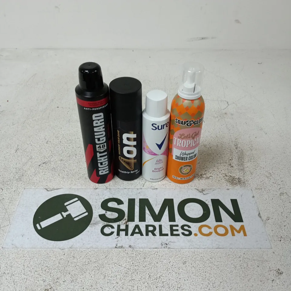 APPROXIMATELY 15 ASSORTED AEROSOLS TO INCLUDE RIGHT GUARD 48H, SURE 48H, SOAP & GLORY SHOWER CREAM, ETC