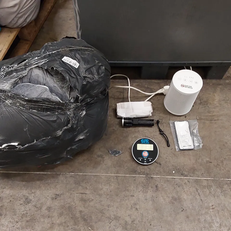 PALLET OF ASSORTED ITEMS INCLUDING: PTC CERAMIC HEATER, EXERCISE BIKE, BEDDING, CPR CALL BLOCKER, TORCH, PHONE CASE ECT