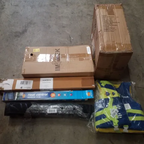PALLET CONTAINING ASSORTED PRODUCTS INCLUDING PORTABLE CLOSET, KIDS SCOOTER, STAIR CARPET RODS, HEST CONTROL WINDOW FILM, DOOR MAT & KIDS INFLATABLE JACKET