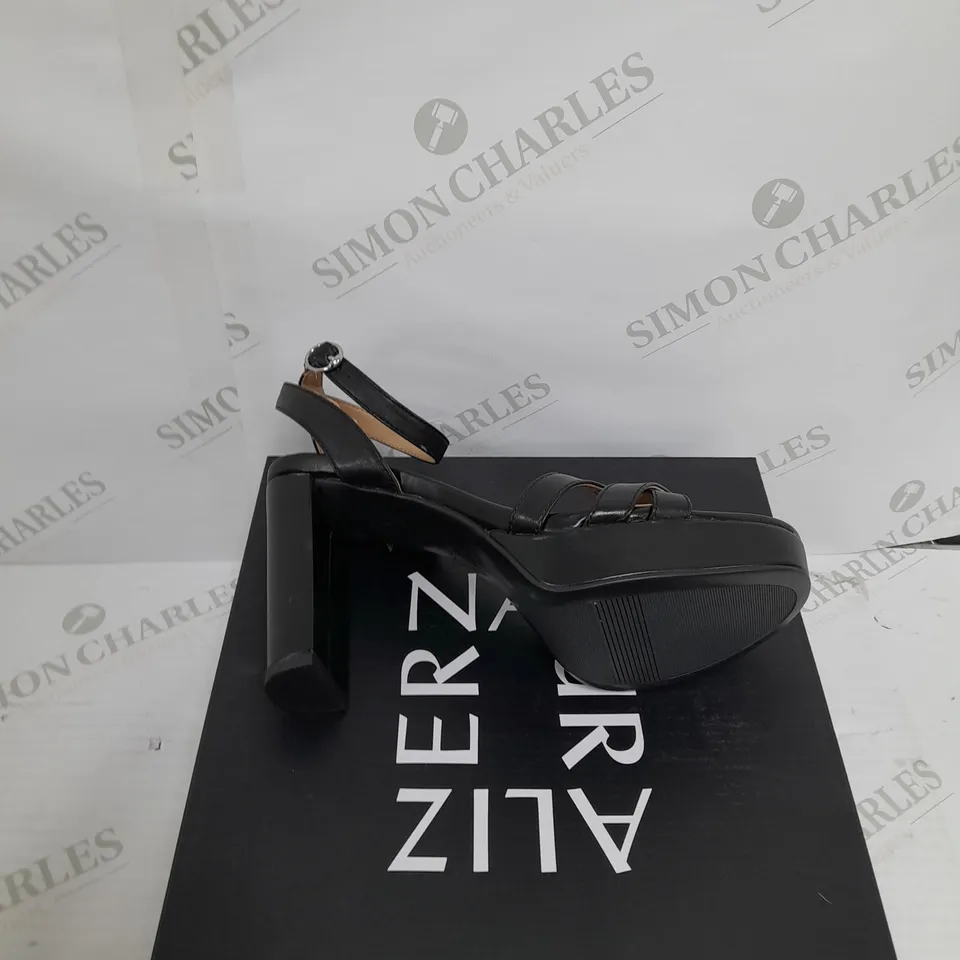 BOXED PAIR OF ALIZER NATURE BLACK HEELS SIZE 6