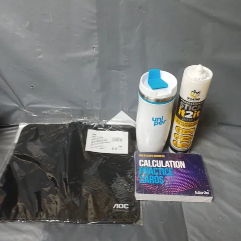 APPROXIMATELY 15 HOUSEHOLD ITEMS TO INCLUDE DRINKING BOTTLE, CALCULATION PRACTICE CARDS AND A GAMING MOUSE MAT