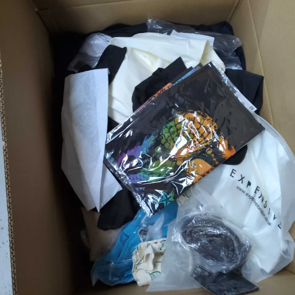 BOX OF APPROXIMATELY 20 ASSORTED CLOTHING ITEMS TO INCLUDE: FLORAL SHIRT AND BLUE JUMPER