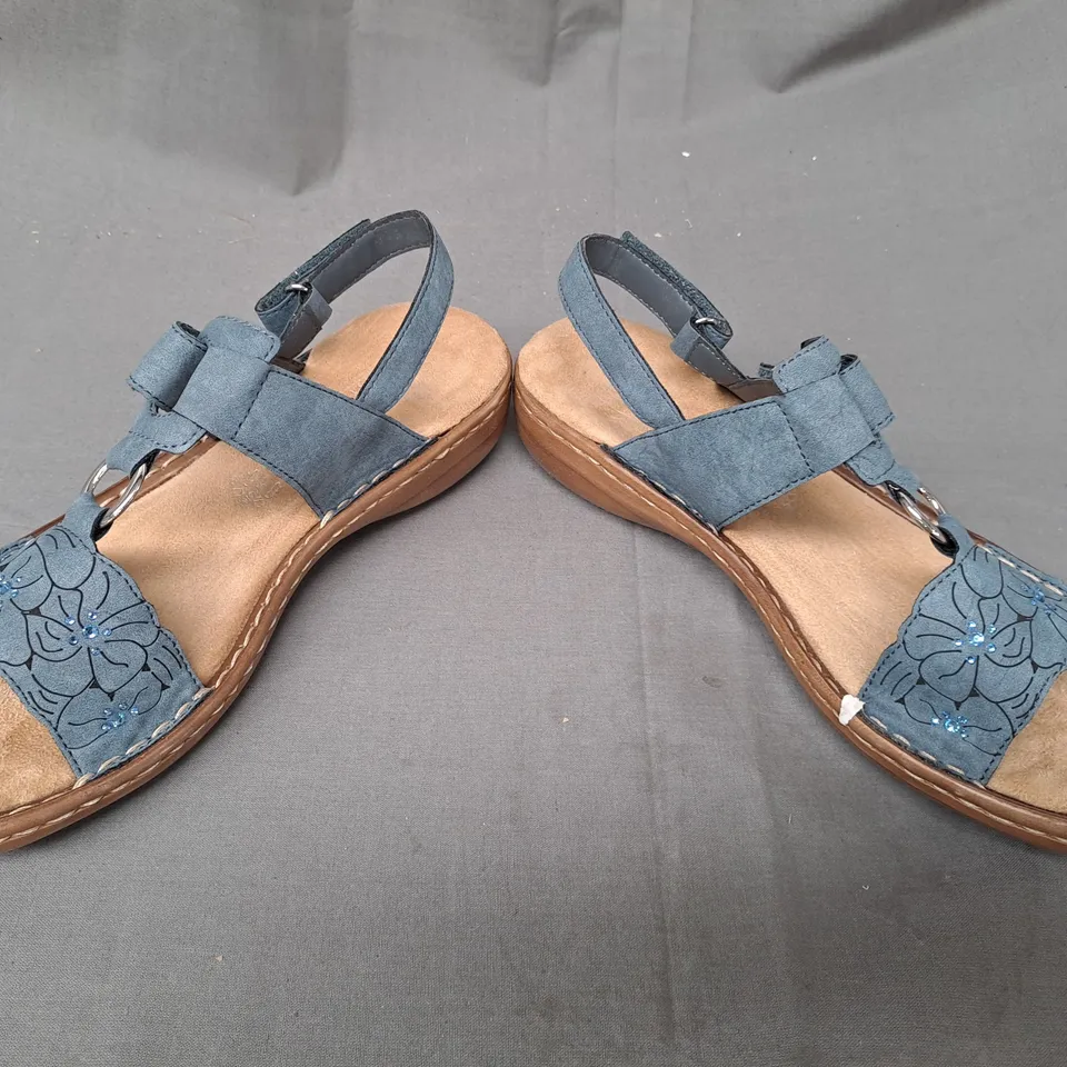 BOXED PAIR OF RIEKER OPEN TOE SANDALS IN BLUE EU SIZE 38