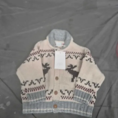 ZARA Kids Knitted Cardigan – Cream/Grey Fair Isle, UK 12-18m (1½ yrs, 86 cm)