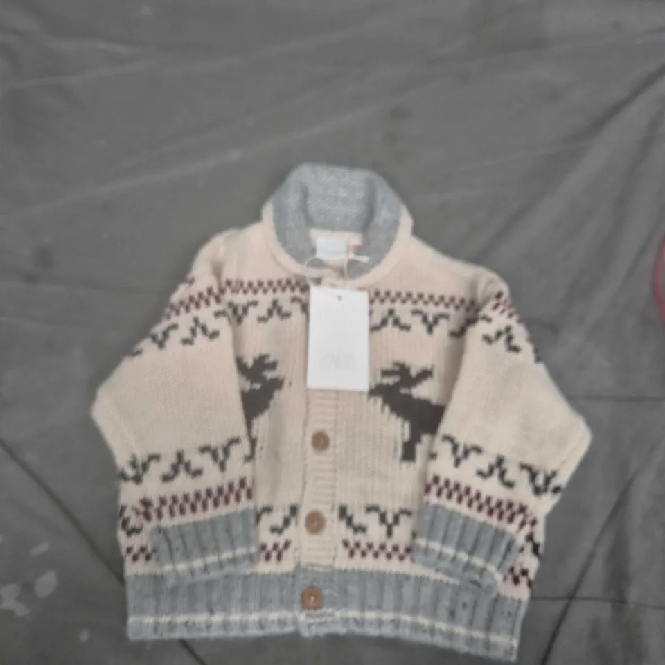 ZARA Kids Knitted Cardigan – Cream/Grey Fair Isle, UK 12-18m (1½ yrs, 86 cm)