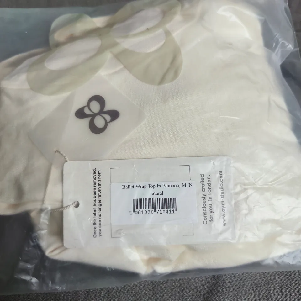 AYM BALLET WRAP TOP IN BAMBOO – NATURAL, UK SIZE M