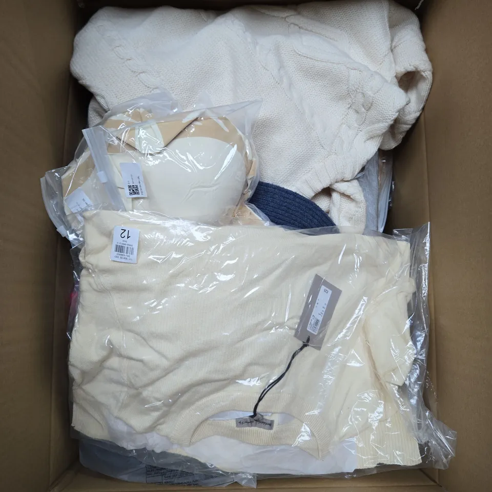 LARGE BOX OF ASSORTED CLOTHING ITEMS IN VARIOUS SIZES, STYLES AND COLOUR 