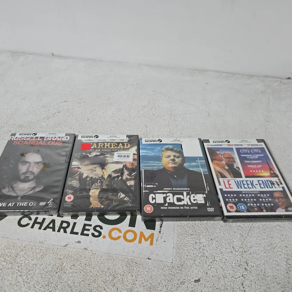 APPROXIMATELY 30 ASSORTED DVDS INCLUDING RUSSELL BRAND SCANDALOUS , JARHEAD AND CRACKER 