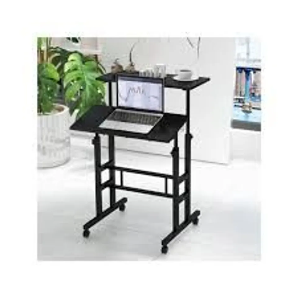 BOXED COSTWAY 2 TIER ADJUSTABLE STANDING DESK ON WHEELS - BLACK (1 BOX)