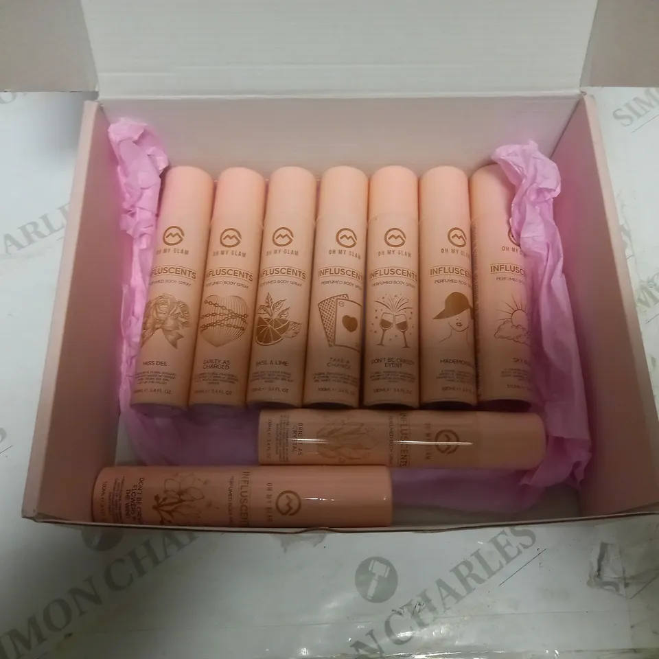 BOX Of APPROX 9 ASSORTED OH MY GLAM INFLUSCENTS PERFUMED BODY SPRAYS
