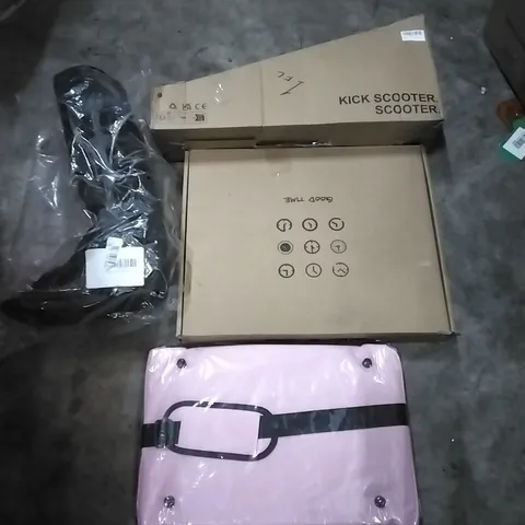 PALLET OF HOUSEHOLD ITEMS TO INCLUDE KICK SCOOTER, TRAVEL BAG,FRACTURE BOOT,CLOCK AND OTHER ASSORTED ITEMS...