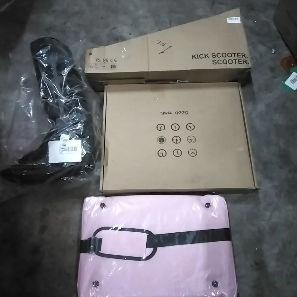 PALLET OF HOUSEHOLD ITEMS TO INCLUDE KICK SCOOTER, TRAVEL BAG,FRACTURE BOOT,CLOCK AND OTHER ASSORTED ITEMS...