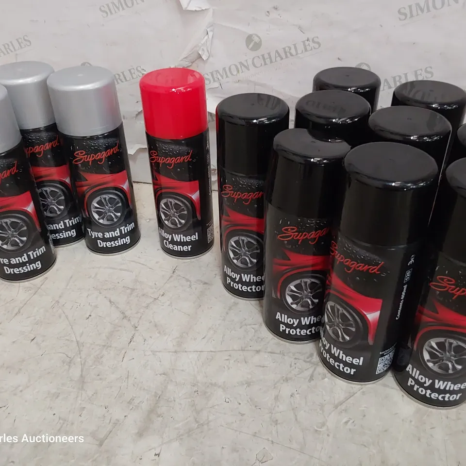 TOTE OF SUPAGUARD AEROSOLS CAR CLEANING PRODUCTS INCLUDING, ALLOY WHEEL PROTECTOR, ALLOY WHEEL CLEANER & TYRE& TRIM DRESSING