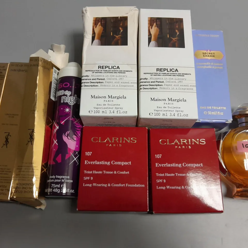 LOT OF 10 ASSORTED BEAUTY ITEMS TO INCLUDE YVESSAINTLAURENT FOUNDATION, CLARINS FOUNDATION AND OLYMPEA 