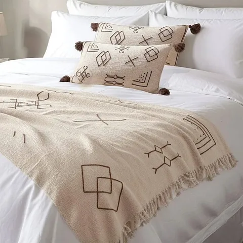 LUXURY CLOSE OUT - 100% COTTON HANDLOOM EMBROIDERED THROW WITH CUSHION COVERS BLACK WITH CREAM EMBROIDERY