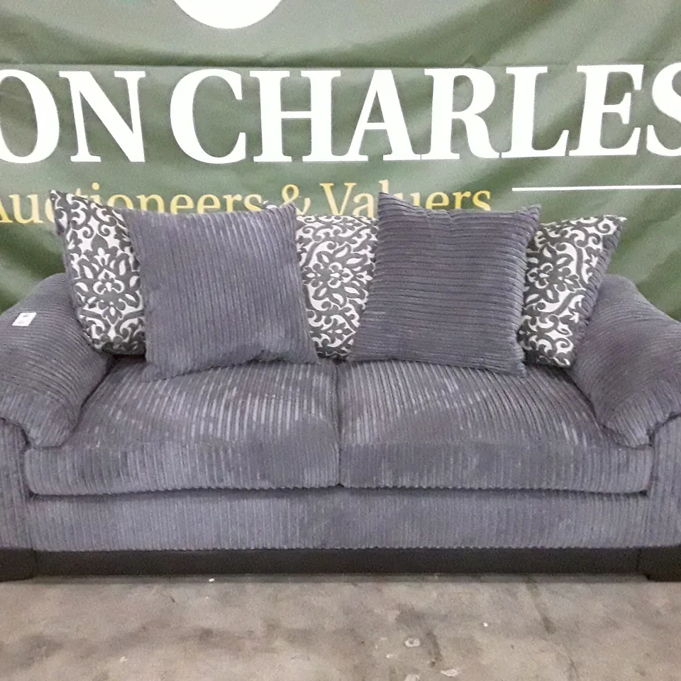 QUALITY DESIGNER 2 SEATER SOFA - GREY CORDUROY/ BLACK FABRIC