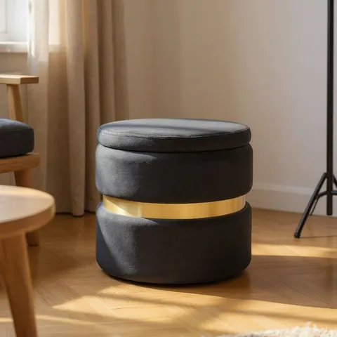 BOXED 40CM W ROUND UPHOLSTERED STORAGE OTTOMAN - GREY