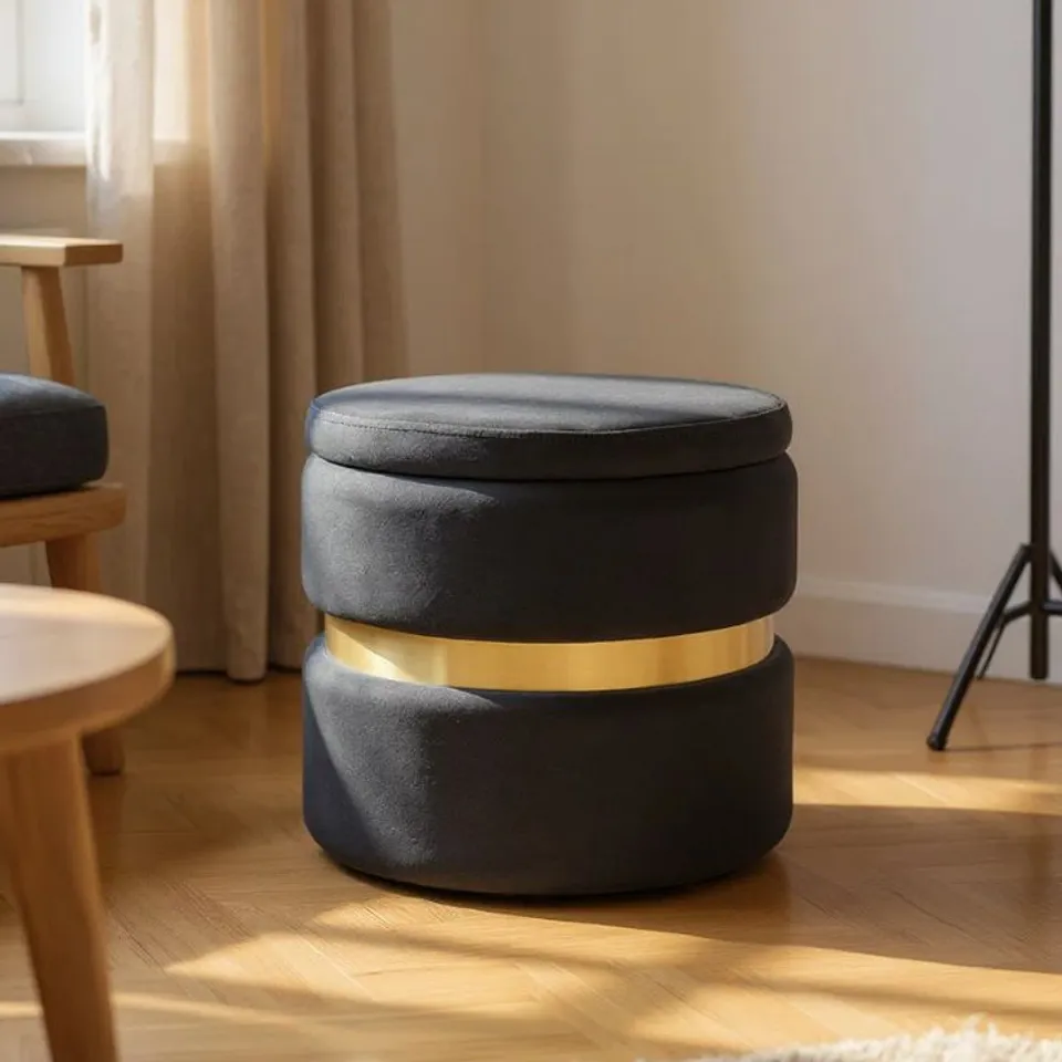 BOXED 40CM W ROUND UPHOLSTERED STORAGE OTTOMAN - GREY