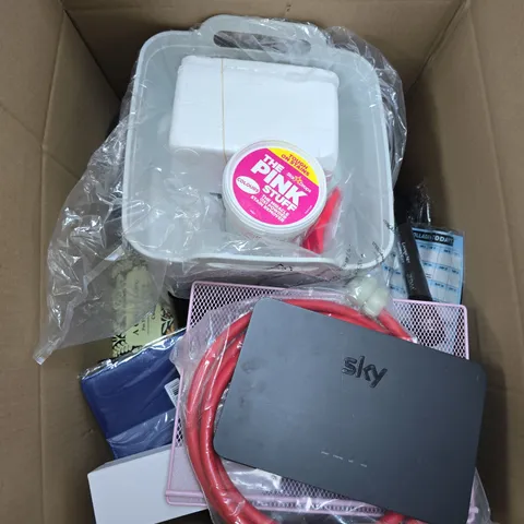 BOX OF APPROXIMATELY 15 ASSORTED HOUSEHOLD ITEMS TO INCLUDE THE PINK STUFF , SKY BOX AND GIFT SET 
