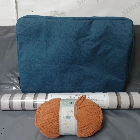 APPROXIMATELY 20 ASSORTED HOUSEHOLD ITEMS TO INCLUDE LAPTOP BAG, WALLPAPER AND KNITTING YARN