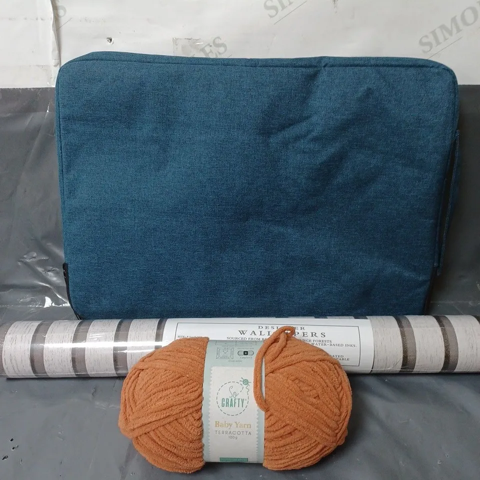 APPROXIMATELY 20 ASSORTED HOUSEHOLD ITEMS TO INCLUDE LAPTOP BAG, WALLPAPER AND KNITTING YARN