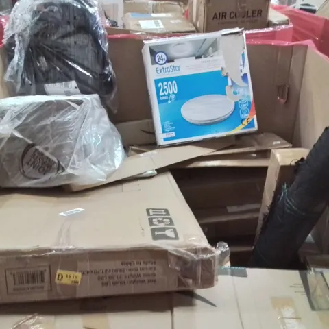 PALLET CONTAINING VARIOUS ASSORTED BOXED HOUSEHOLD ITEMS TO INCLUDE: WEED PROTECTION MEMBRANE, CEILING LIGHT, BOOSTER SEAT, AND LOTS MORE UNMARKED BOXED ITEMS