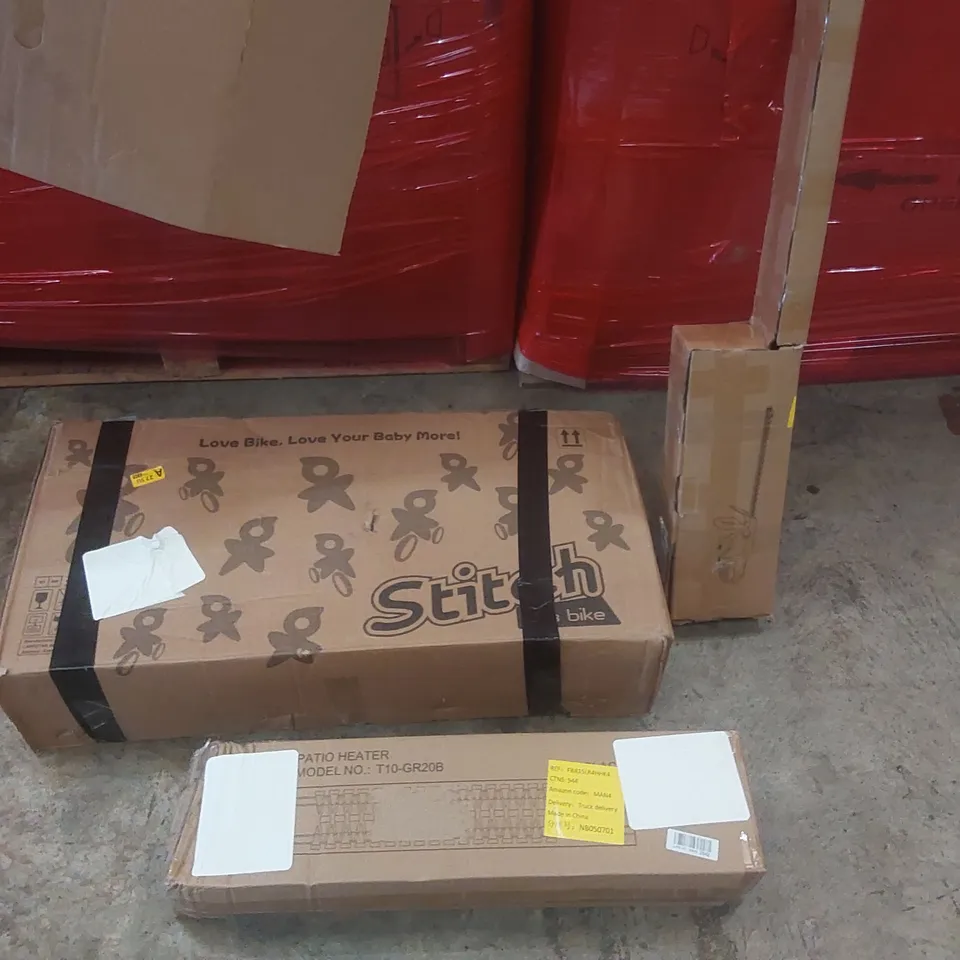 PALLET CONTAINING A VERY LARGE QUANTITY OF ASSORTED ITEMS INCLUDING: HEDGE TRIMMER, KIDS BIKE, PATIO HEATER ECT