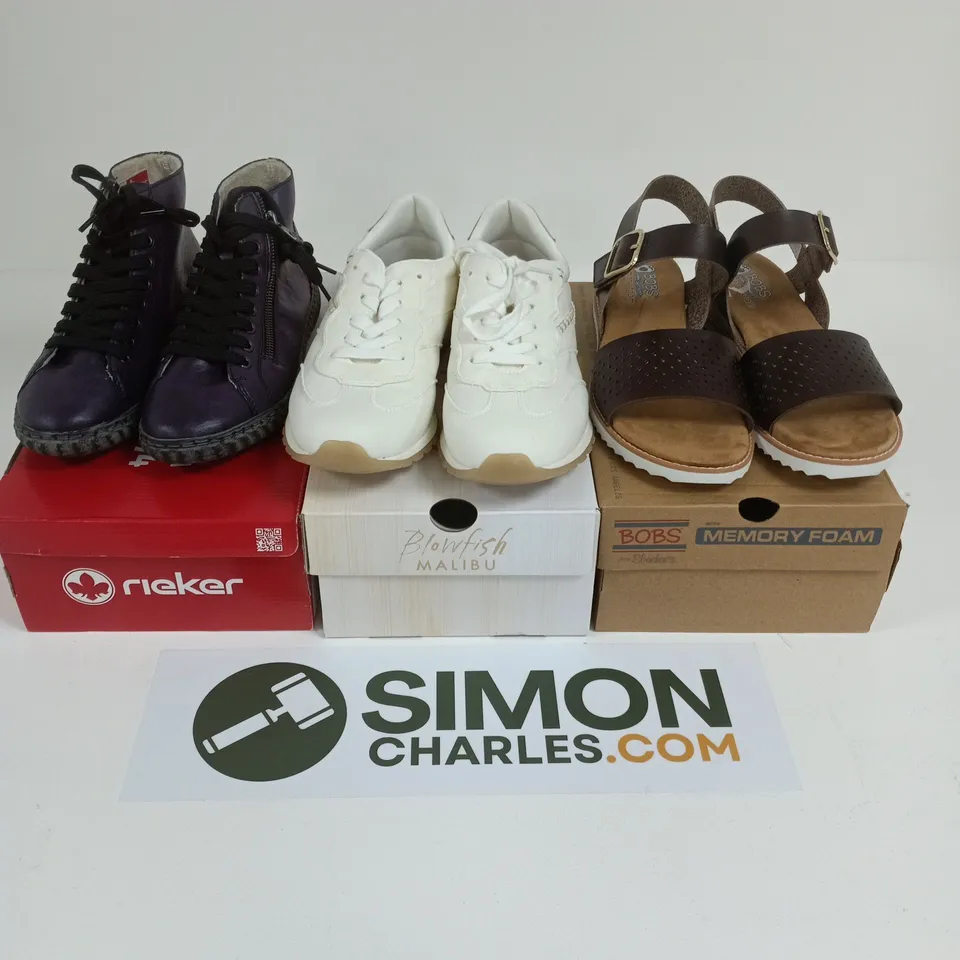 APPROXIMATELY 15 BOXED PAIRS OF SHOES IN VARIOUS SIZES & STYLES TO INCLUDE BRANDS SUCH AS RIEKER, BLOWFISH MALIBU, BOBS SKECHERS, ETC