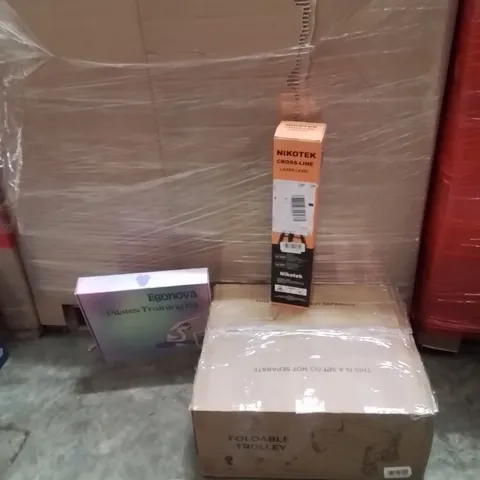 PALLET OF ASSORTED HOUSEHOLD GOODS AND PRODUCTS TO INCLUDE;FOLDABLE TROLLEY,LASER LEVEL,PILATES TRAINING KIT