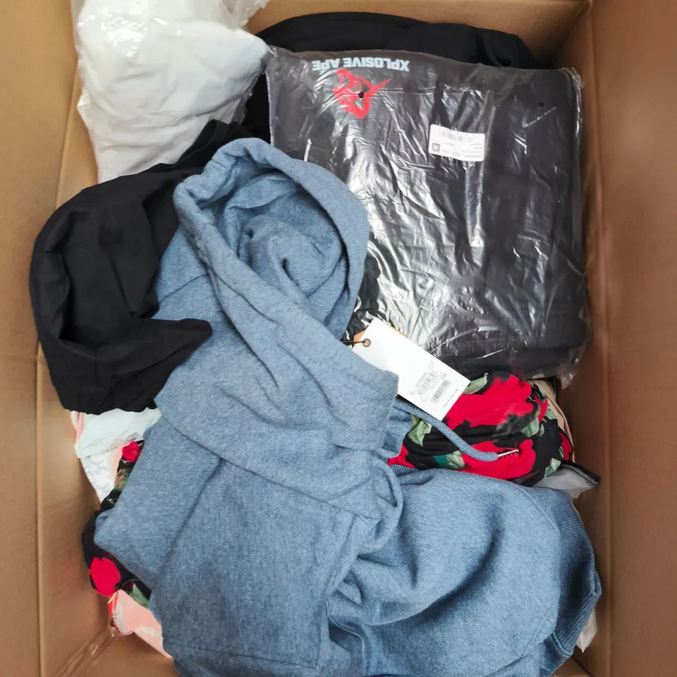 LARGE BOX OF APPROXIMATELY 25 ASSORTED CLOTHING ITEMS IN VARIOUS COLOURS, STYLES AND SIZES - COLLECTION ONLY