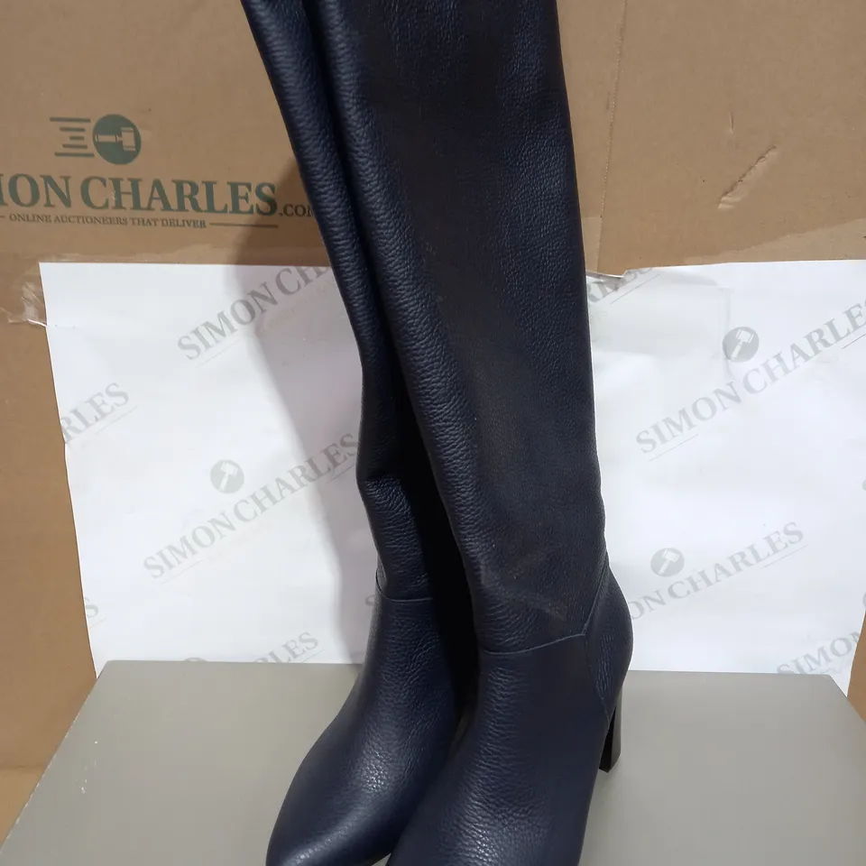 PETER KAISER KNEE HIGH LEATHER HEELED BOOTS, NAVY - SIZE 6