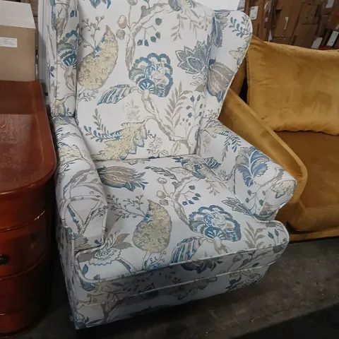DESIGNER FLORAL FABRIC WINGBACK ARMCHAIR