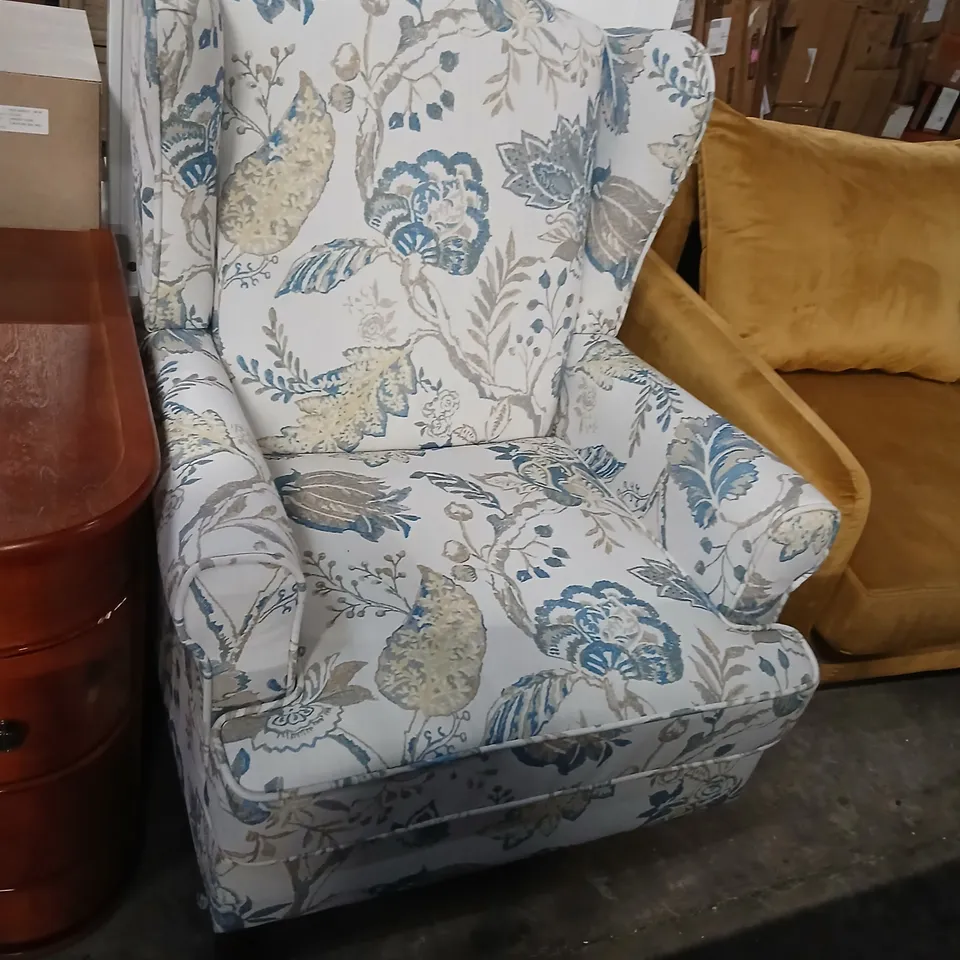 DESIGNER FLORAL FABRIC WINGBACK ARMCHAIR