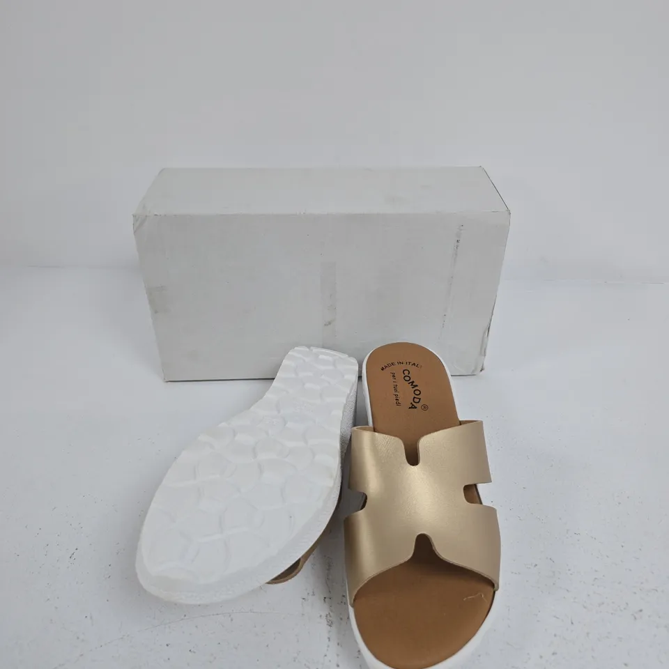 COMODA GOLD LEATHER PLATFORM SANDALS – CROSS-STRAP, MADE IN ITALY SIZE EU 39