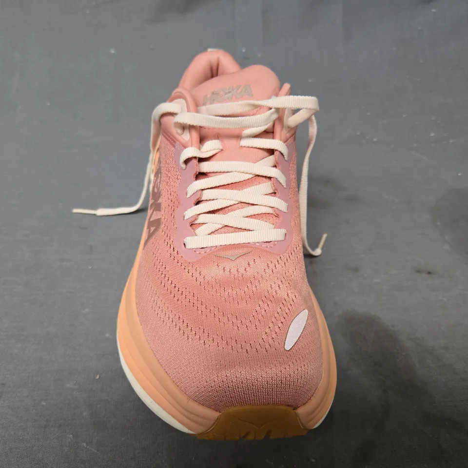 BOXED PAIR OF HOKA WOMEN'S BONDI 8 SHOES IN PINK/CORAL UK SIZE 8