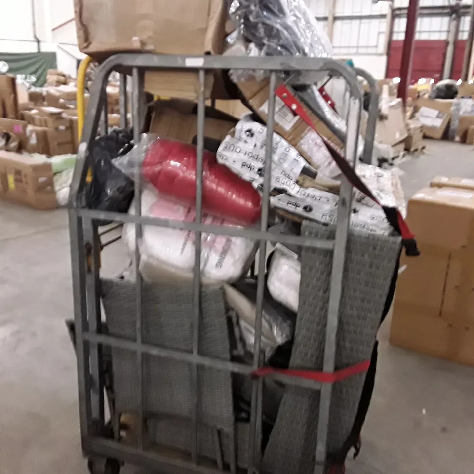 CAGE TO CONTAIN AN ASSORTMENT OF HOUSEHOLD ITEMS TO INCLUDE GARDEN FURNITURE, YOGA MATS PARASOL BASES AND HANGERS ECT