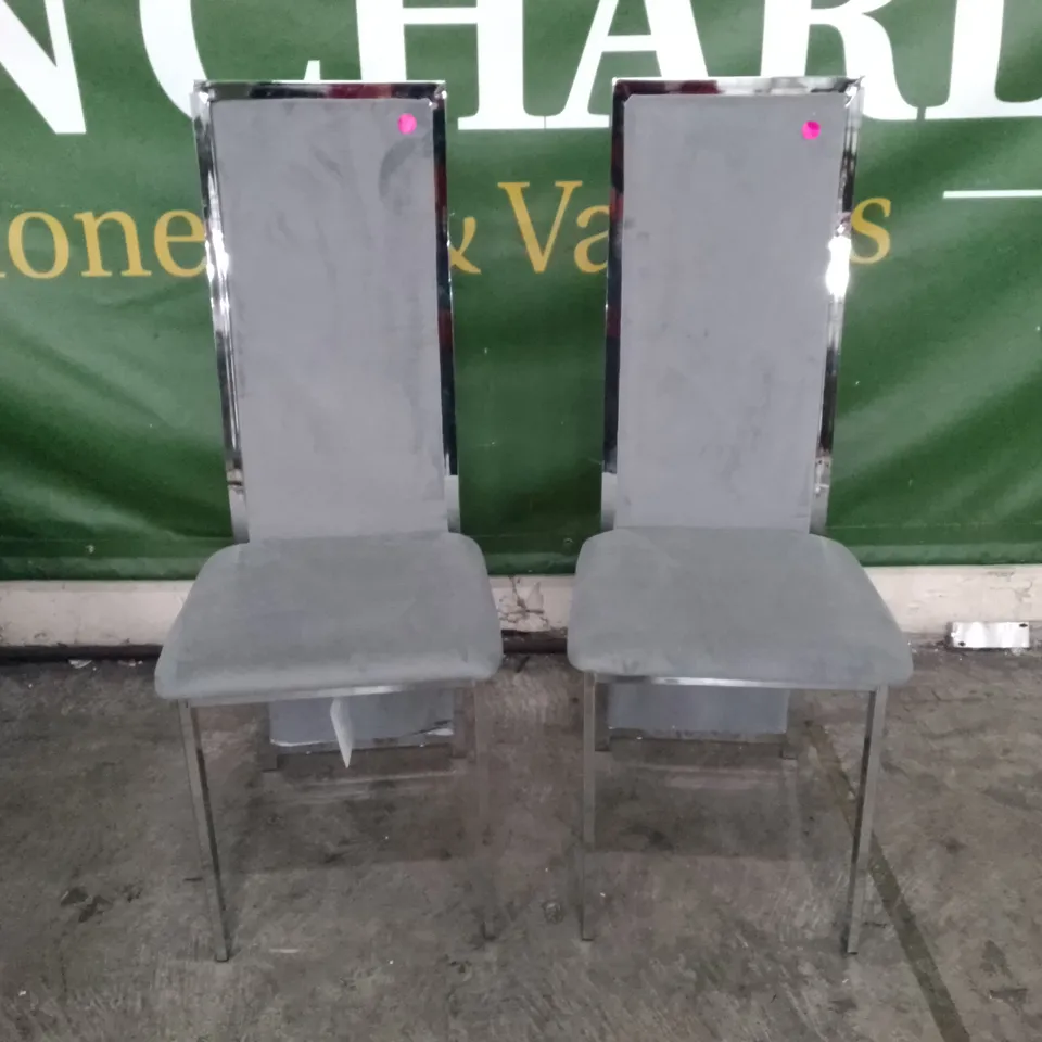 SET OF 2 NEW CELESTE GREY VELVET AND CHROME DINING CHAIRS 