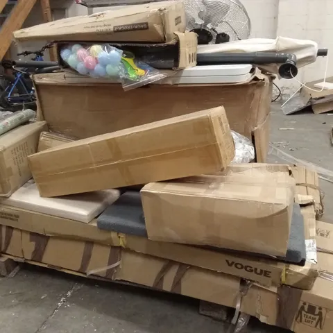 PALLET OF ASSORTED HOUSEHOLD GOODS AND PRODUCTS TO INCLUDE;SACK TRUCK,FAN,PET CAGES, FOLDING TABLE, PARASOL