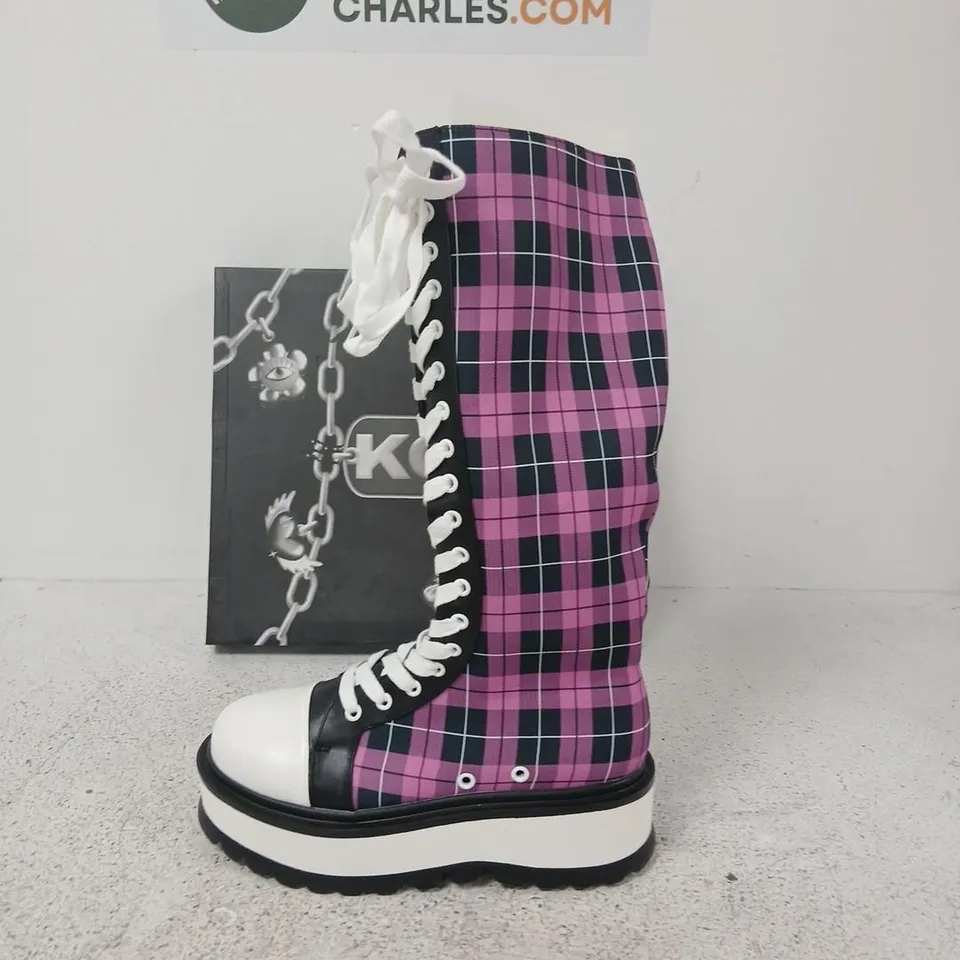 KOI IRREVLEVANT PINK CHECK LONG PLATFORM BOOTS – (WOMEN) – PLATFORMED LACE-UP WITH SIDE ZIP UK 7