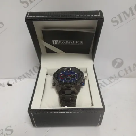 BOXED BARKERS OF KENSINGTON MEGA SPORT WATCH WITH BLUE FACE & BLACK STRAP