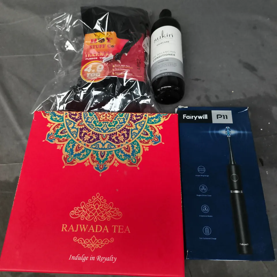 APPROXIMATELY 15 ASSORTED ITEMS TO INCLUDE RAJWADA TEA, FLEECE TIGHTS, P11 TOOTHBRUSH, ETC 